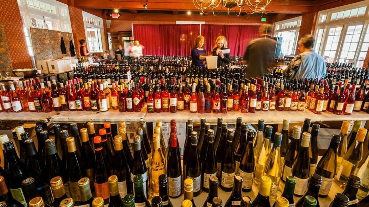 More than 2,900 bottles of wine from Washington, Oregon, British Columbia and Idaho are cataloged for the 2017 Cascadia Wine Competition inside Simon's Ballroom at the historic Columbia Gorge Hotel in Hood River, Ore.