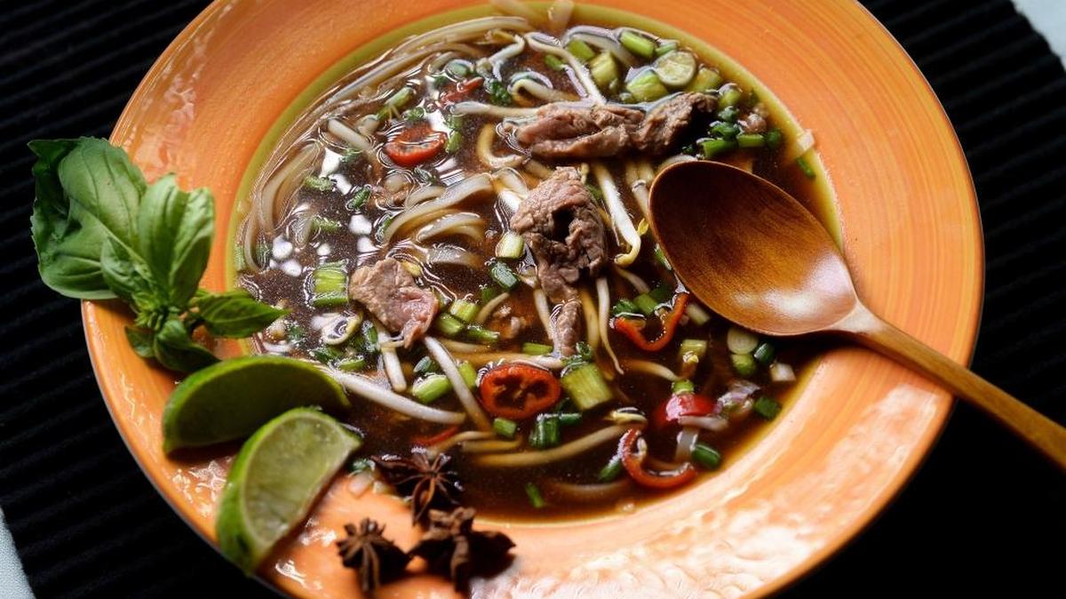 A quick version of Beef Pho is easy to put together because the steak cook sin minutes.
