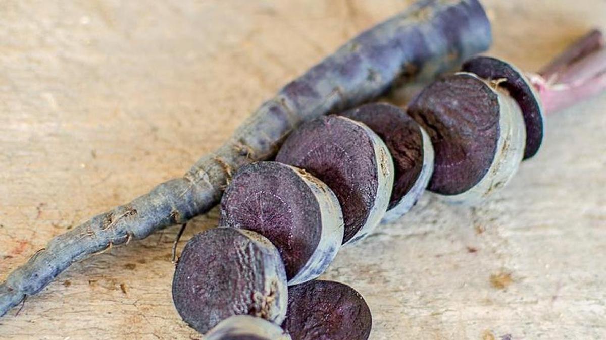 Carrots come in a variety of colors, not just the traditional orange. These Black Nebula carrots display the dark side of the vegetable.