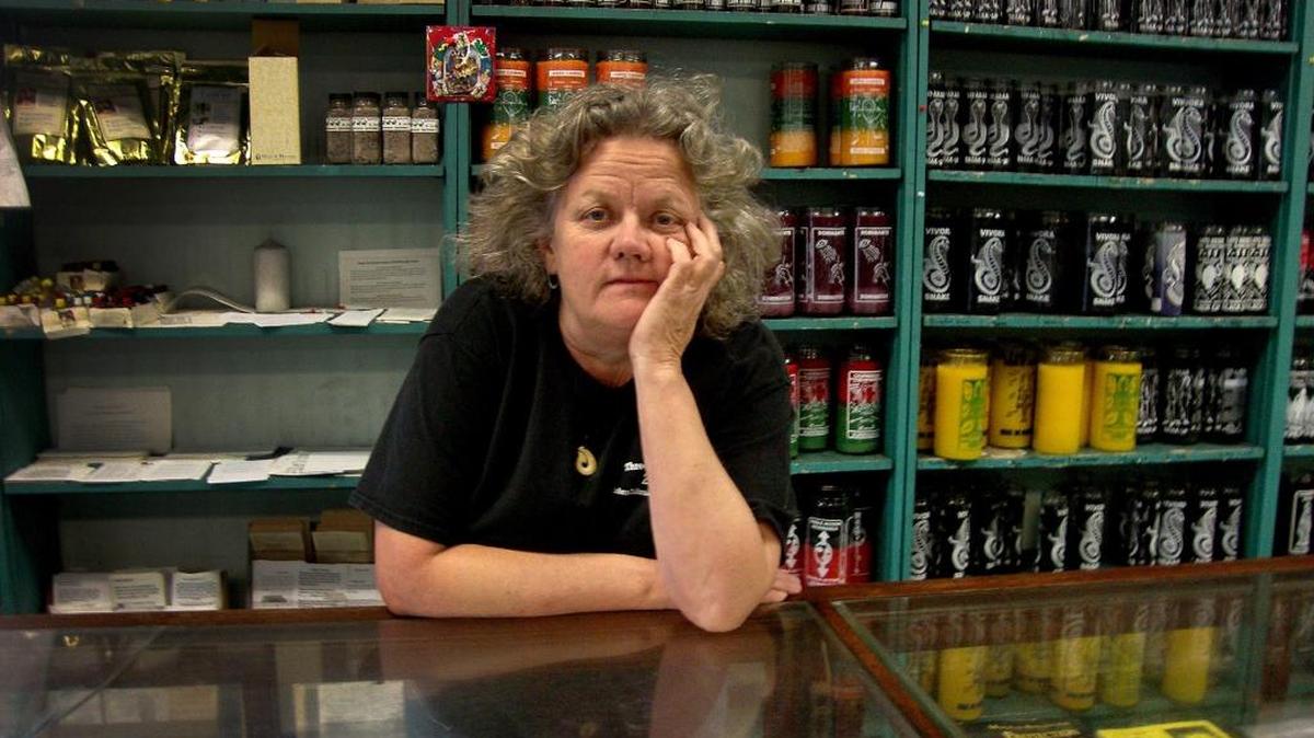 Stephanie May, owner of Stanley Drug in Houston. From the outside it looks like a warehouse. Inside, herbal remedies perfume the air and counters boast all manner of ingredients like “Chinese” business powder, devil’s club root, coffin nails, African mojo wishing beans, and coyote skin, teeth and penises. The pharmacy shut down long ago, but the name remains on one of the few hoodoo shops nationwide.
