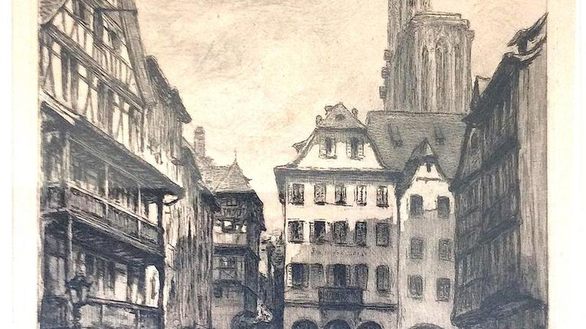 Can you help identify the artist who did this etching of a French cathedral?