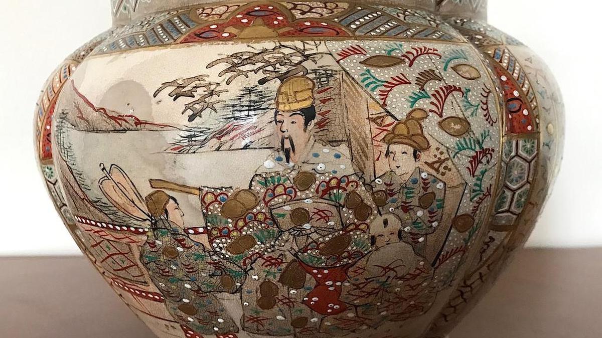 Both encrusted in gold, one of these pottery items comes from Japan. The origins of the others are much less clear.