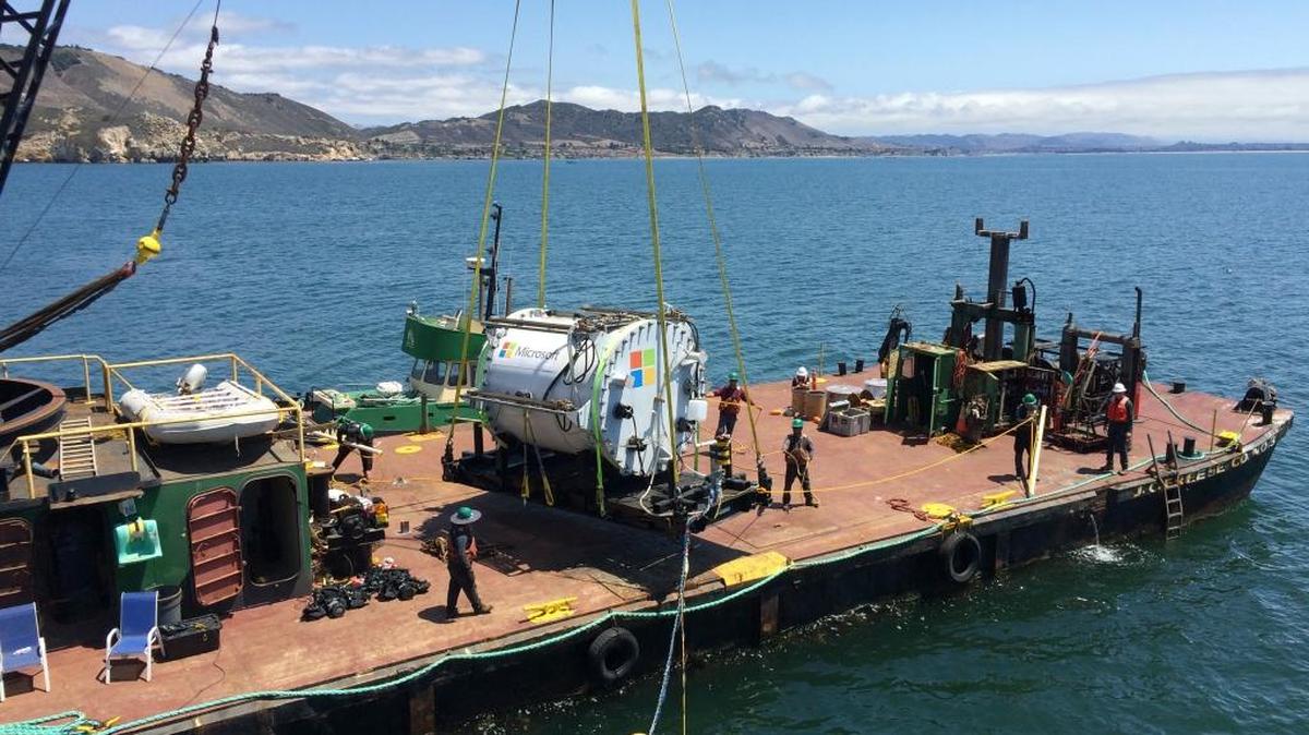 A Microsoft prototype underwater data center, affectionately dubbed the “Leona Philpot,” aboard a barge for deployment in the Pacific Ocean, off the central California coast, Aug. 10, 2015. Microsoft put a data center prototype on the ocean floor, where sea water can act as a coolant and waves could be used to power it.