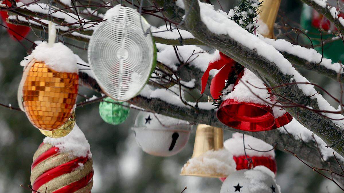 A dusting of snow covers ornaments hanging on a tree along East 1st Avenue in Kennewick on Friday morning.  According to the National Weather Service there was a Winter Weather Advisory in place until 10 p.m. on Friday night, there is a chance of snow on Christmas Eve and Christmas Day will be mostly sunny with a high of 30.  