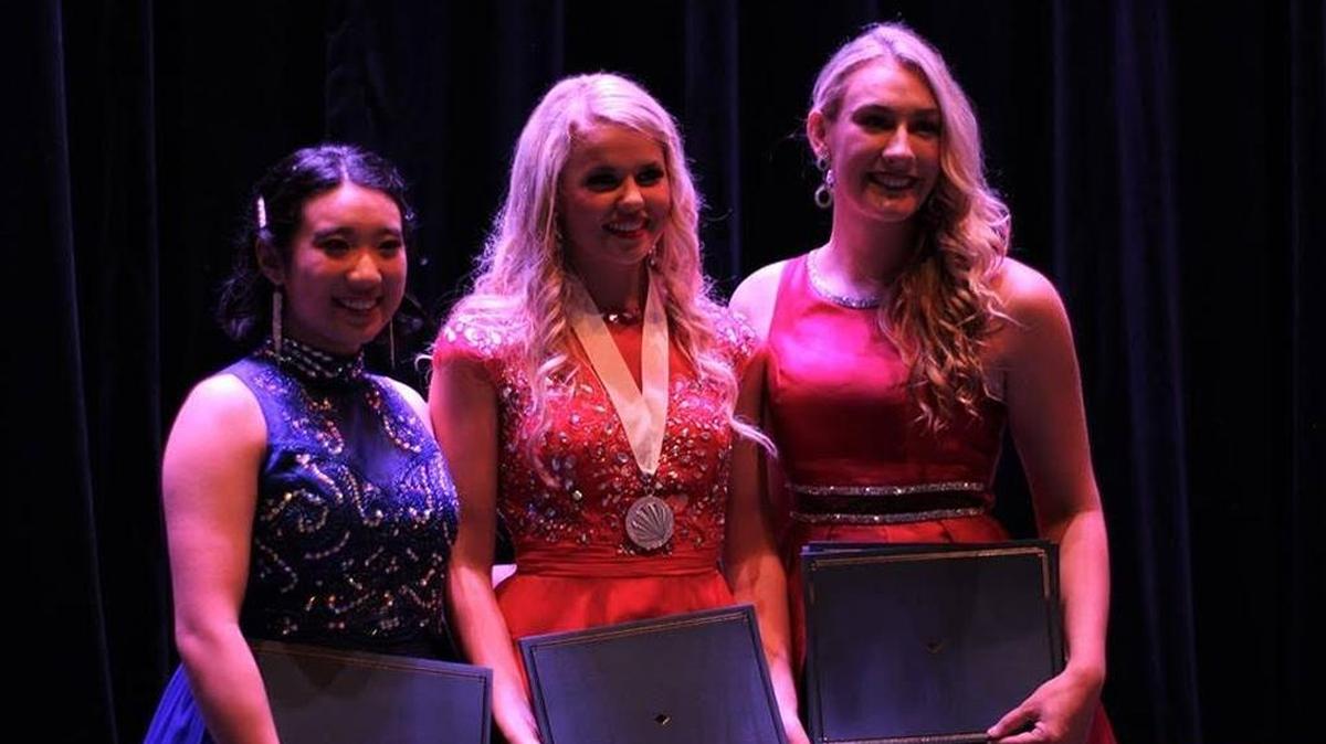 Jana Osborne, of Moses Lake, will represent the state in the Distinguished Young Women national scholarship program. On the right is Kaiden Quigley, representing Othello, second runner up, and on the left is first runner up May Qiang, representing Pullman.