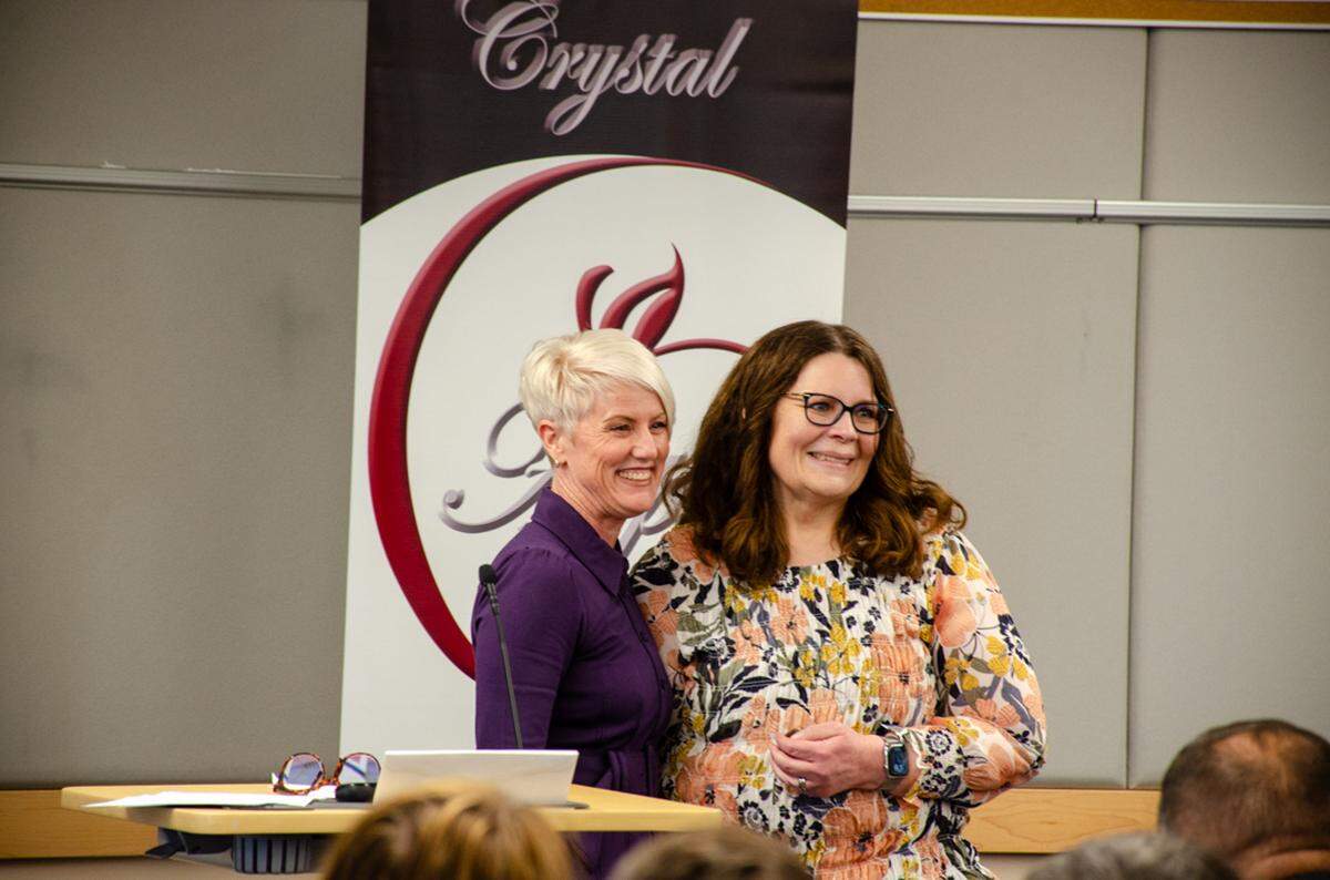 Pasco Superintendent Michelle Whitney poses for a photo with their district’s 2026 Crystal Apple Award winner, Elizabeth Copsey, a special education at Maya Angelou Elementary.