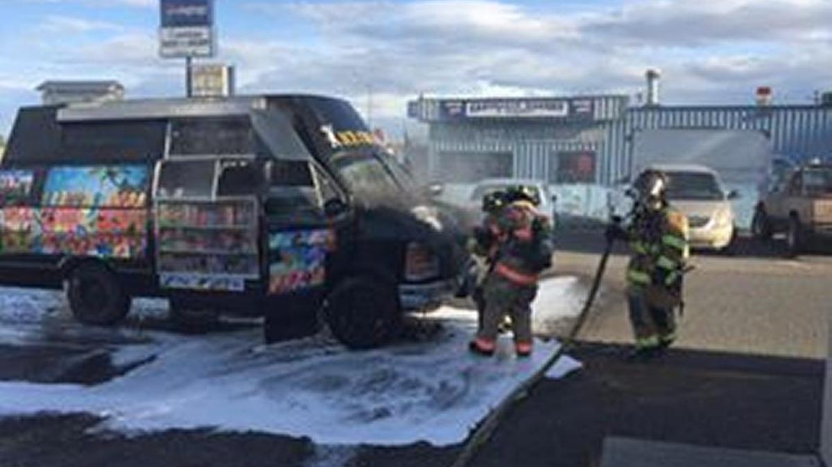 No one was injured but an ice cream truck was heavily damaged when an overheated engine triggered a fire in Pasco Friday.