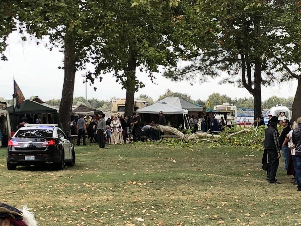 A woman was killed after a branch fell on her during Ye Merrie Greenwood Renaissance Faire on Saturday in Kennewick.