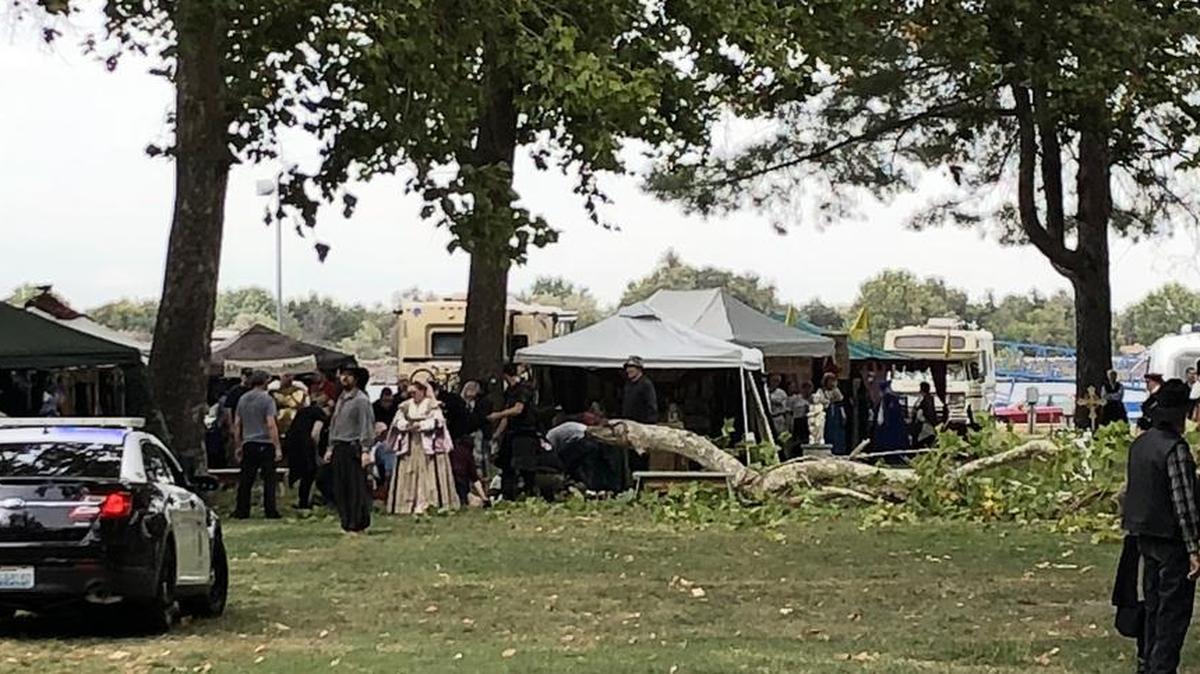 A woman was killed after a branch fell on her during Ye Merrie Greenwood Renaissance Faire on Saturday in Kennewick.