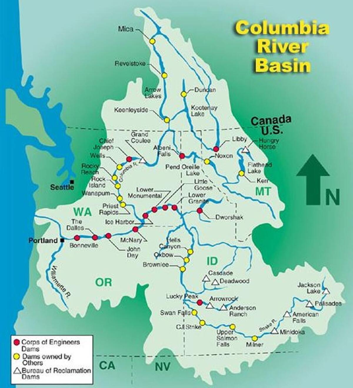 There are more than 250 reservoirs and around 150 hydroelectric projects in the Columbia River Basin, including 18 main-stem dams on the Columbia and its main tributary, the Snake River, according to the Army Corps of Engineers.