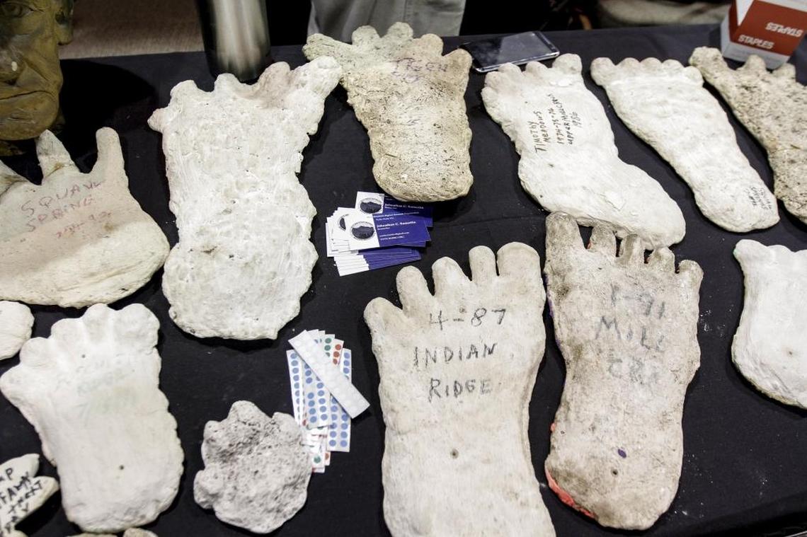 Foot castings of Sasquatches out on display during the International Bigfoot Conference at the Three Rivers Convention Center in Kennewick in 2017. 