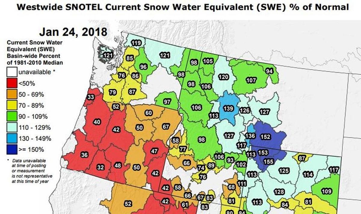 The snow pack in the Northwest is shown on Jan. 24 as compared to normal, based on data from SNOTEL, or snow telemetry sites.