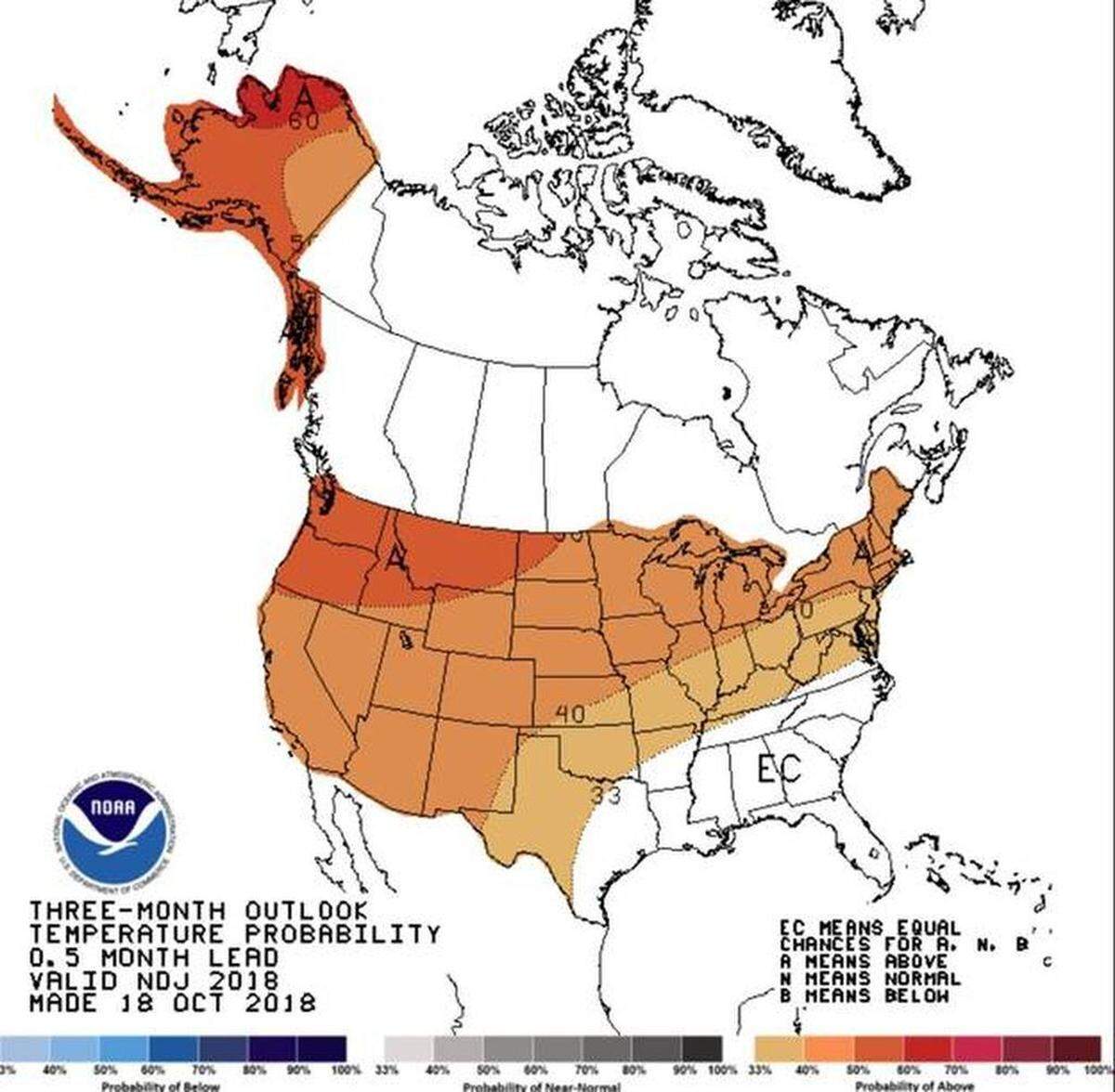 A three-month temperature outlook from Oct. 18.