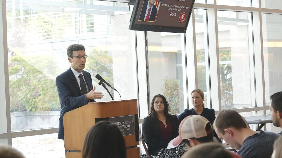 Washington Attorney General Bob Ferguson speaks to a group of about 70 students, faculty and community members Monday at WSU Tri-Cities in Richland.