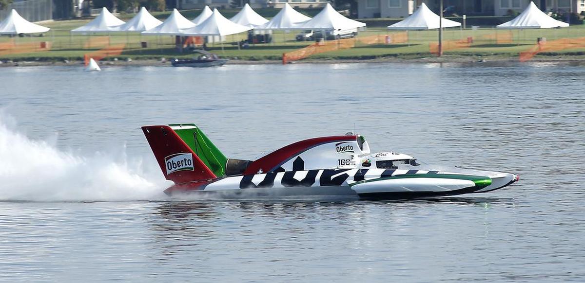July 28, 2018 - Cal Phipps guides the U-1918 Oberto Beef Jerky unlimited hydroplane across the Columbia River Friday during a testing session on the Columbia River for the Columbia Cup event.