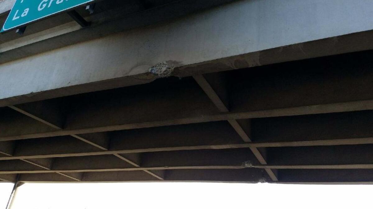 Oregon’s Department of Transportation sent this photo of the damage to the underside of the exit 164 overpass on Interstate 84 near Boardman, Ore.