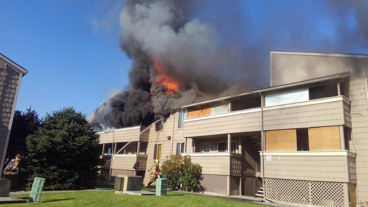 A large fire heavily damaged the “D” building at Tanglewood Apartments on North Arthur Street in Kennewick on Saturday, June 24, 2017.