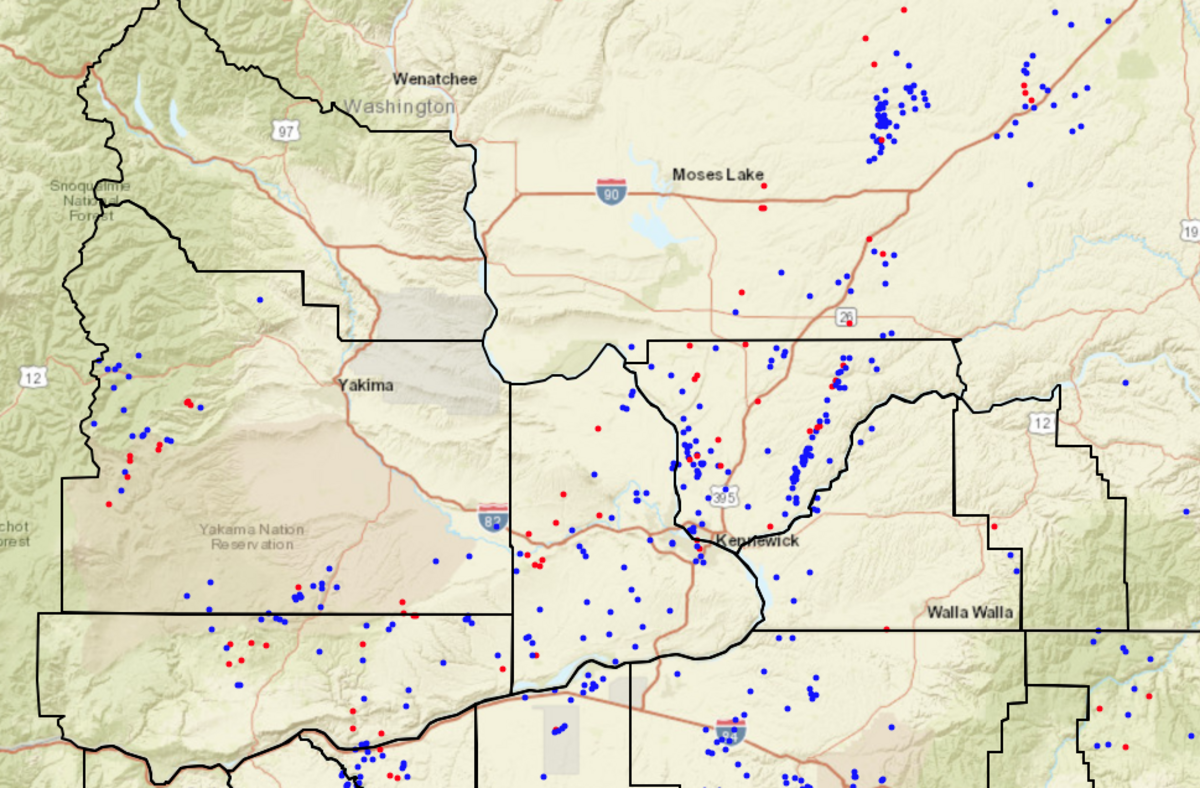 The National Weather Service in Pendleton reported 53 strikes in Benton County and 104 in Franklin County on Monday night.