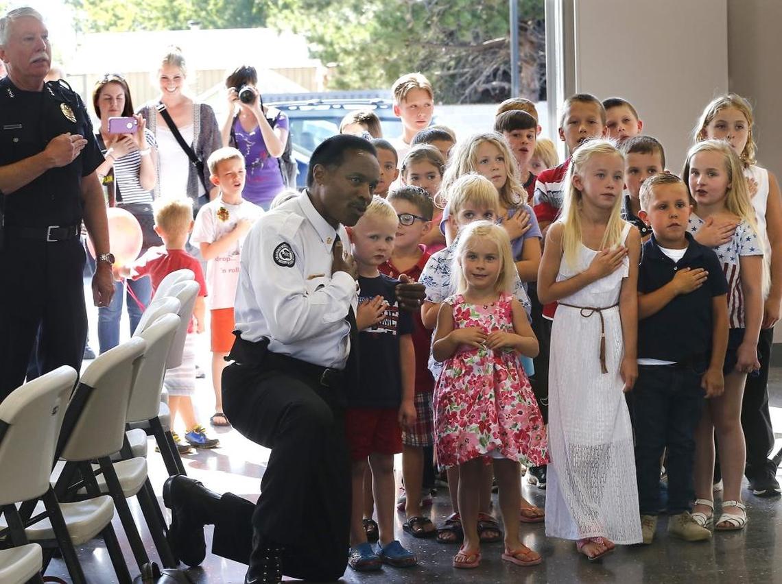 In 2016 then Kennewick Fire Chief Vince Beasley led children in the Pledge of Allegiance at the dedication of Kennewick Fire Station 5 at South Kellogg Street and West 10th Avenue.