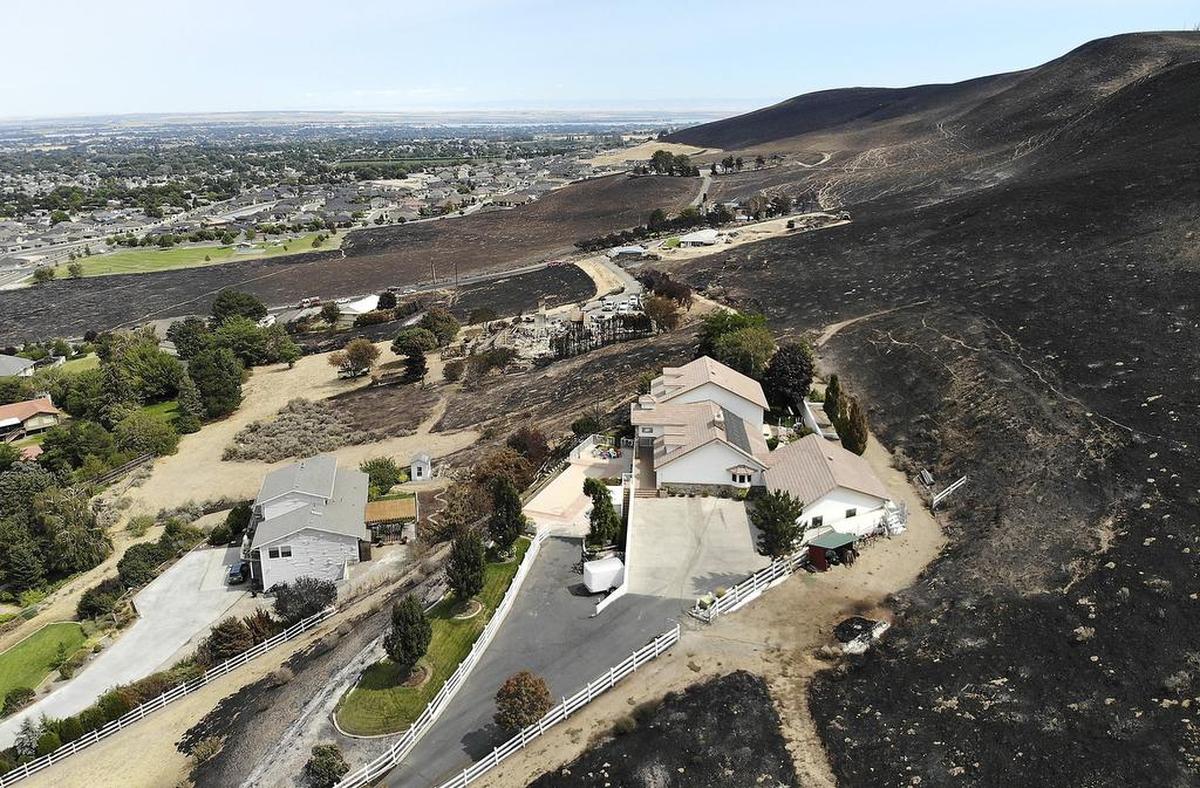 August 13, 2018 - This home on South Green Place in Kennewick is surrounded by scorched landscaping but appears to have escaped major damage from a wildfire Saturday. Fire officials say nearly 5,000 acres were consumed by flames.
