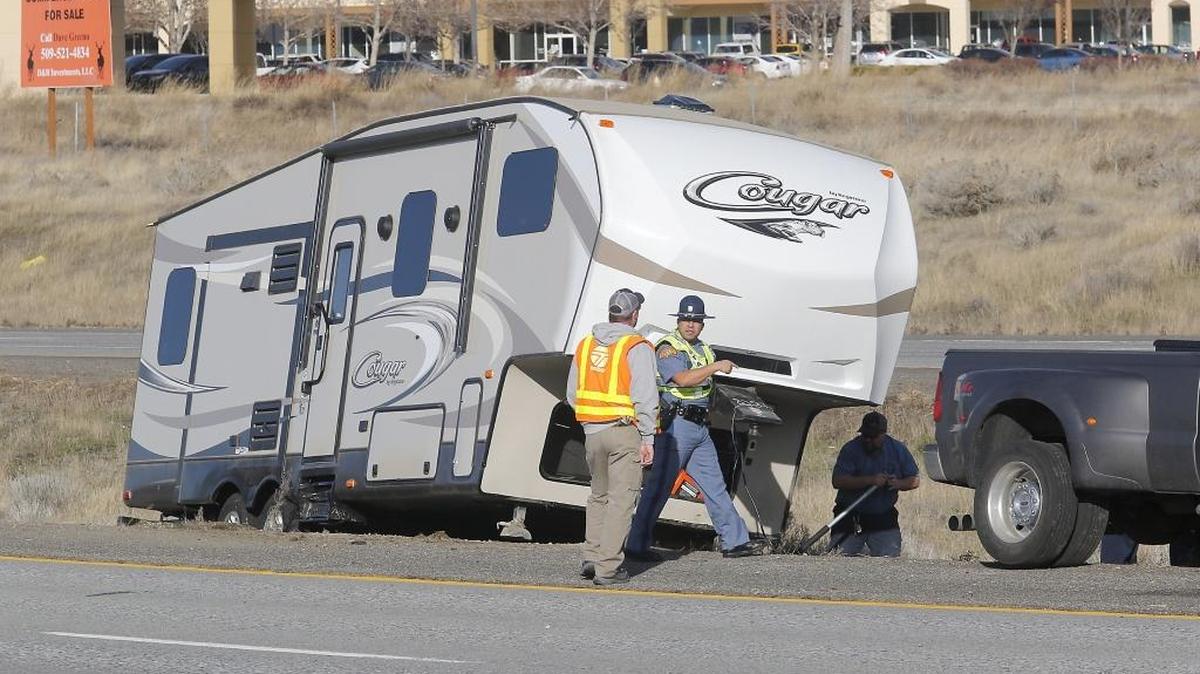 A fifth-wheel travel trailer took an unexpected trip Monday morning when it flew off a truck hitch and sailed across a couple lanes of Interstate 182 in Pasco. It finally stopped in the median near Road 100. Washington State Patrol Trooper Chris Thorson said the trailer was being moved by employees of Russ Dean Family RV in Pasco. He blamed driver error. Employees from the business dug out the wheels, jacked up the largely undamaged trailer and towed it away. No one was cited.