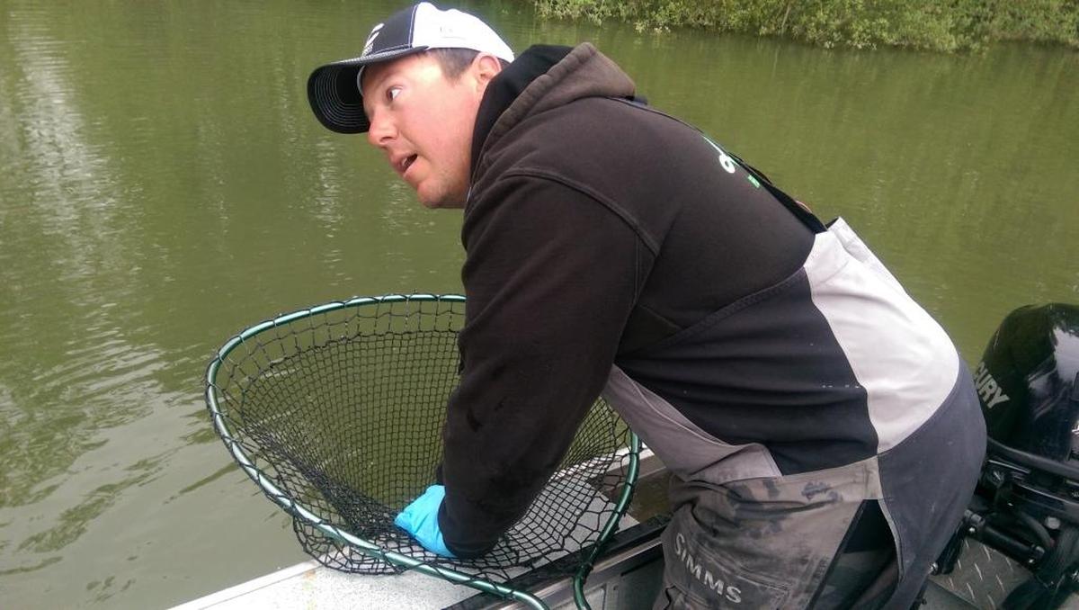 Guide Brandon Glass helps get a salmon out of the net on the Sandy River near Portland.