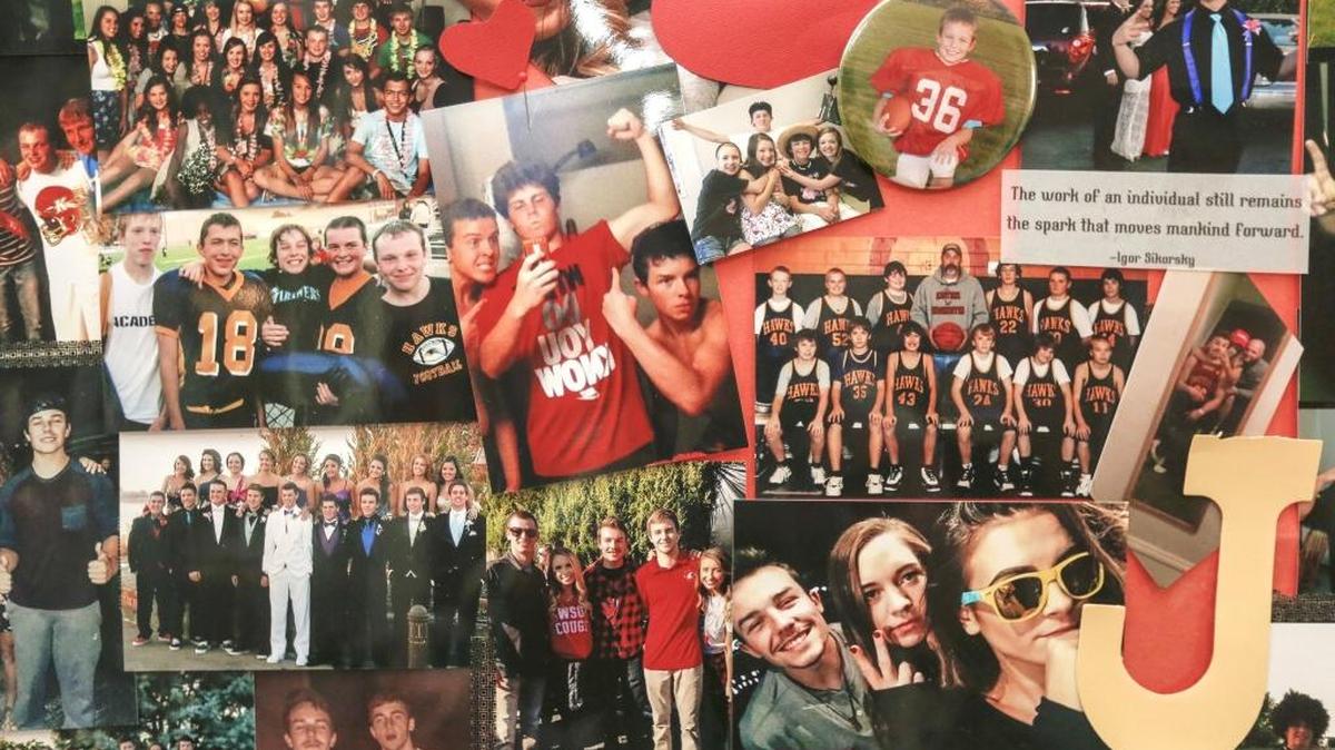 A collage of photos of Justin and his friends hangs on a wall inside Elzinga’s room. Elzinga’s friends made the poster and gave it to his family. Elzinga graduated from Kamiakin High School in 2015.