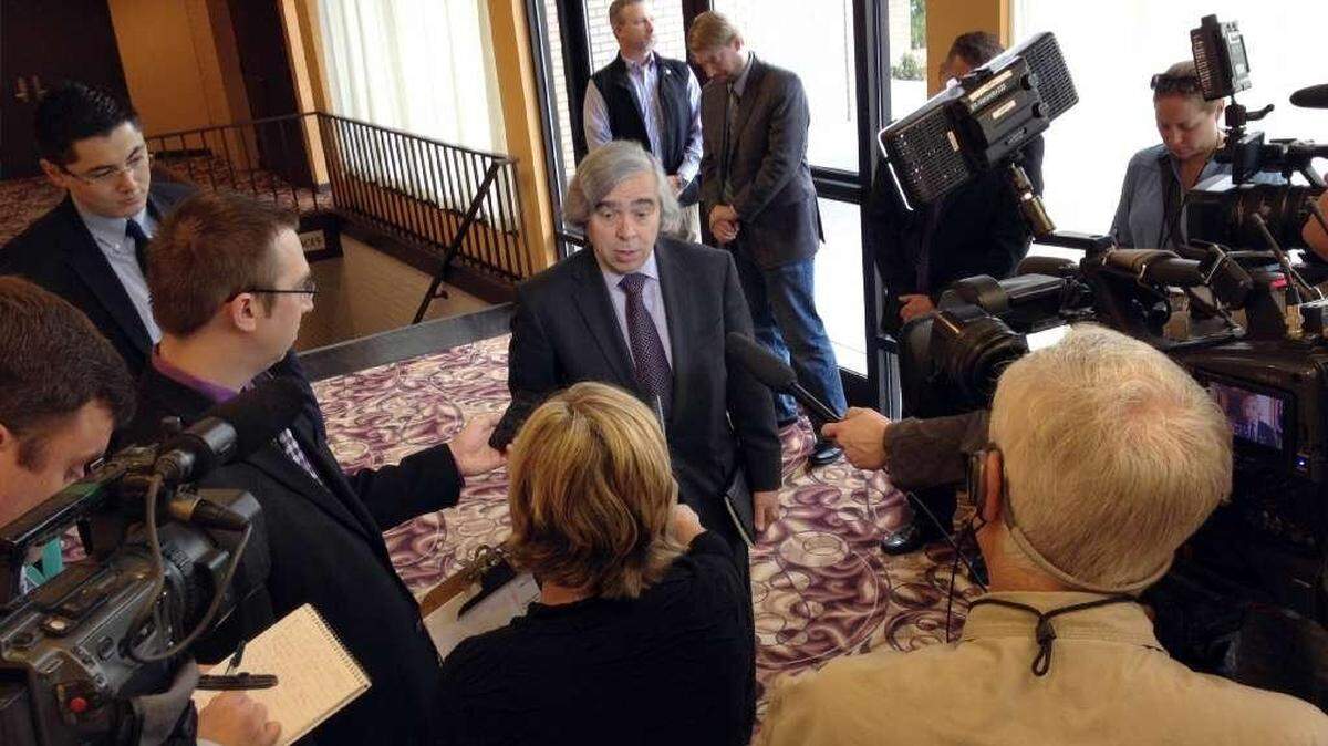 Energy Secretary Ernest Moniz answered questions from reporters in May 2013 in Richland before touring Hanford.