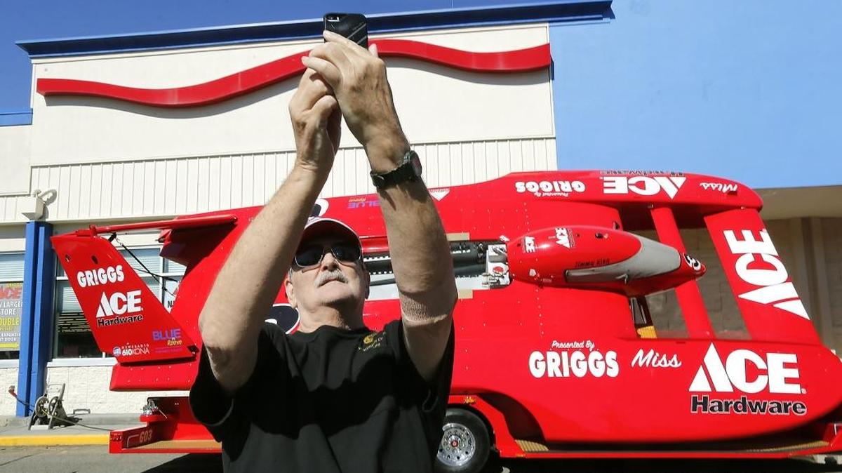 Michael Griffith, 71, of Richland, takes a selfie Monday with the Miss Ace Hardware unlimited hydroplane while it was on display at the Griggs Ace Hardware store on George Washington Way in Richland. The hydroplane will be parked outside area Ace Hardware stores and then be at Columbia Center mall in Kennewick from 4-6 p.m. Wednesday. For Water Follies photos, videos and other coverage all week, go to tricityherald.com.