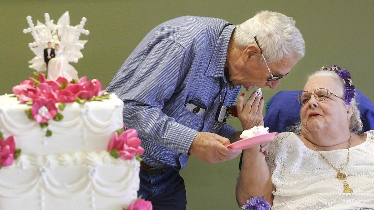 Sylvia Thomas feeds a piece of wedding cake to her husband, Vernon, during a surprise wedding cake presentation Monday at her 87th birthday party. The couple never shared a wedding cake because he left to serve in the U.S. Army in Korea soon after they eloped in January of 1949. The Richland man, who turns 90 in October, recently organized the “wedding reception” birthday party with help from his family. Many family members from their eight children attended the gathering at Avalon Health and Rehabilitation Center in Pasco.