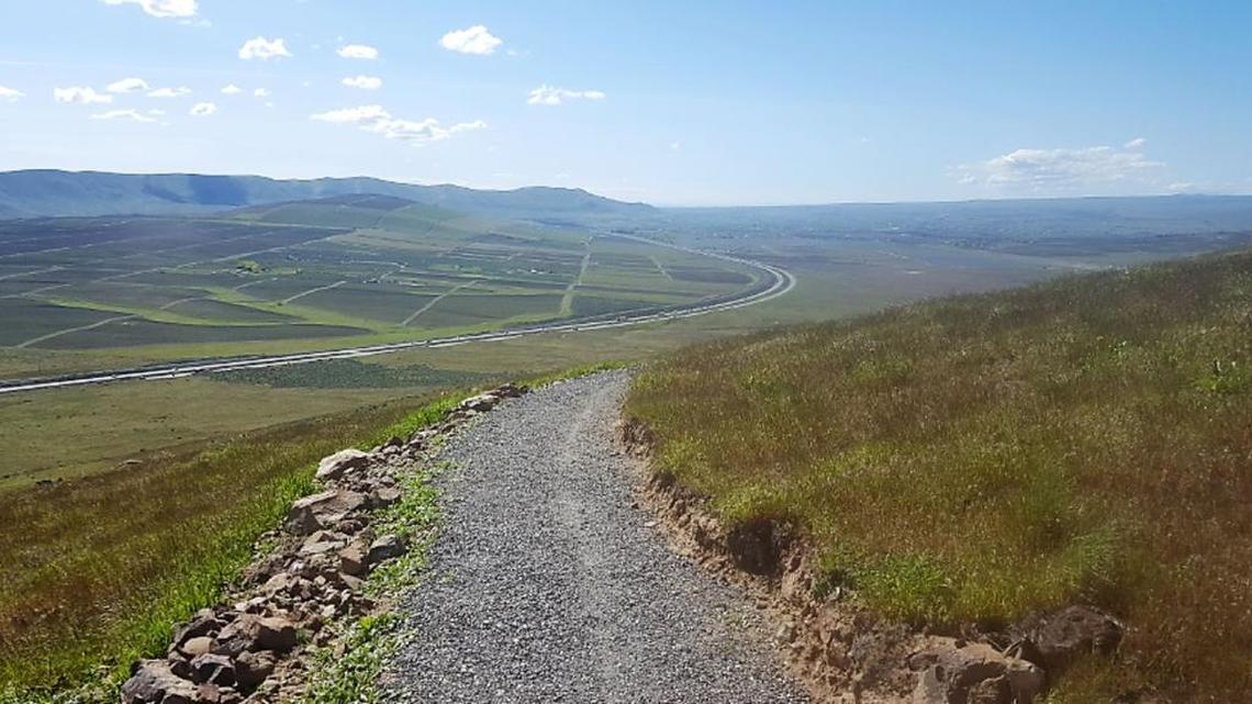 View from the top of Candy mountain to the west shows Interstate 182, lower Yakima River valley and Benton City.