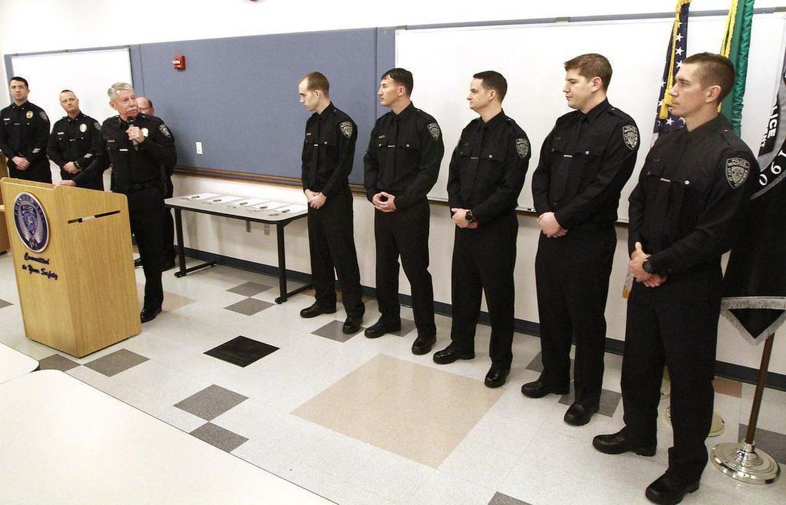 In this 2017 file photo, Chief Ken Hohenberg introduces the department’s five newest officers at an Oath of Office ceremony at the police station. From left, they are: Tyler McMullen, Brandon Leander, Jason Vought, Joshua Freeland Krieg and Troy Perkins.