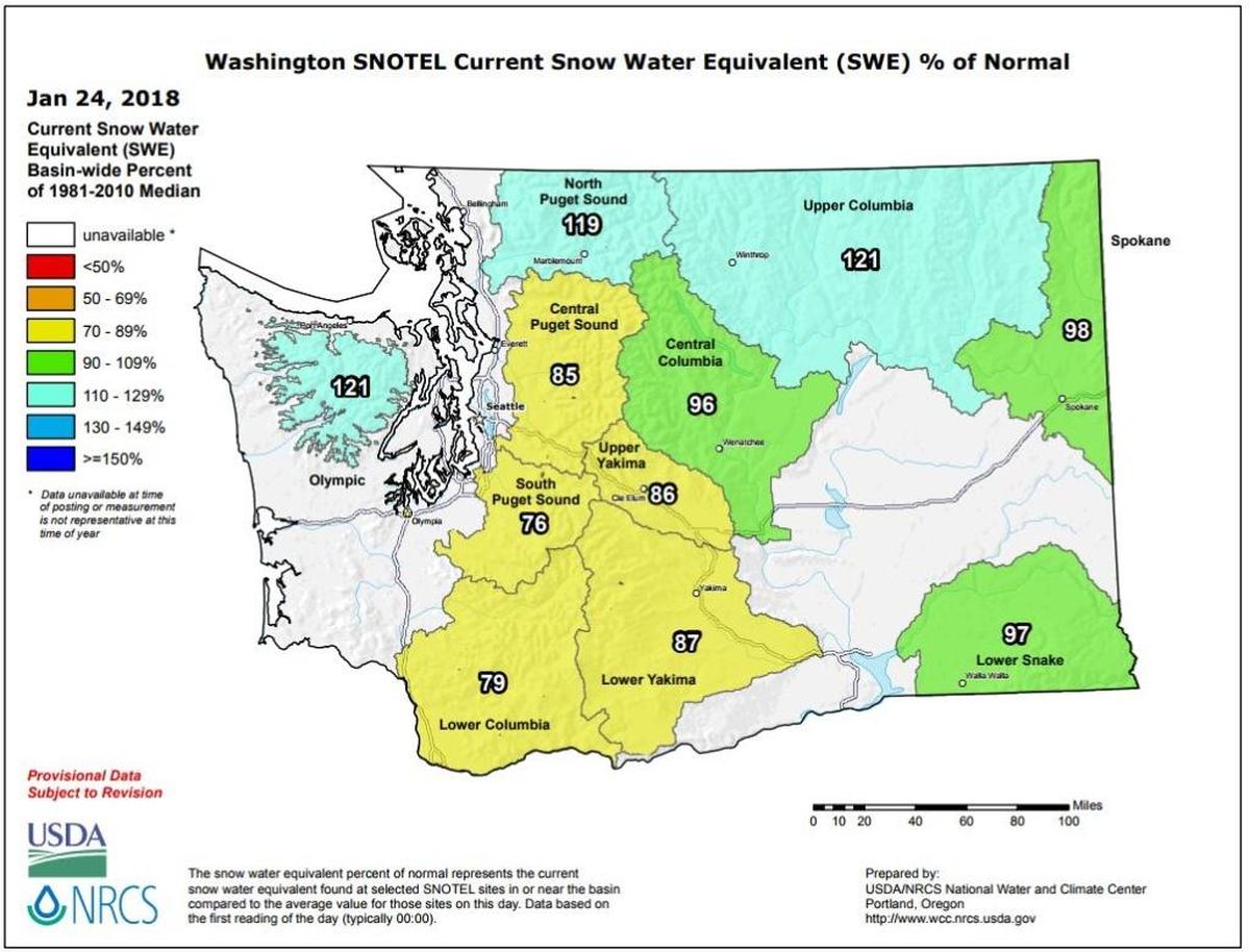 The snow pack for Jan. 24 in Washington is shown with percentages corresponding to normal snow pack for the date.