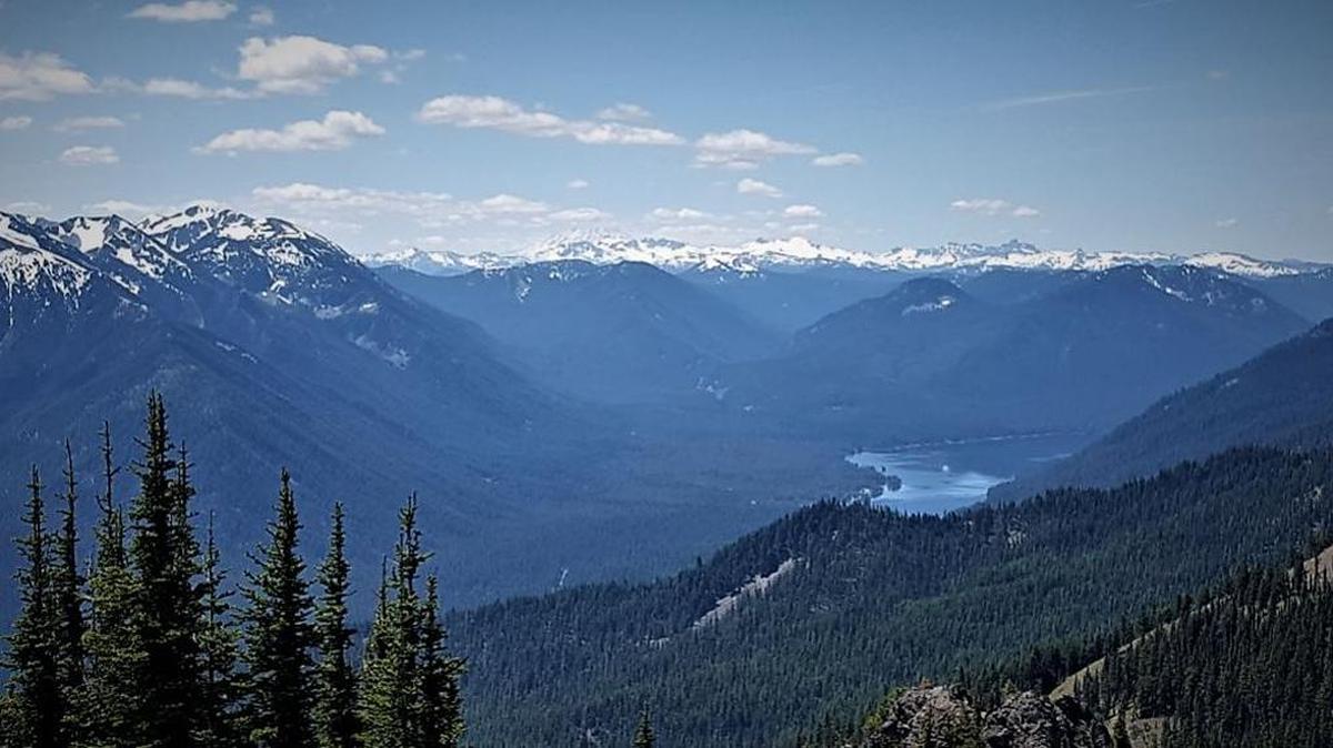 Bumping Lake from the top of Goat Peak, with Mount Aix, Mount Adams and the Goat Rocks left to right.