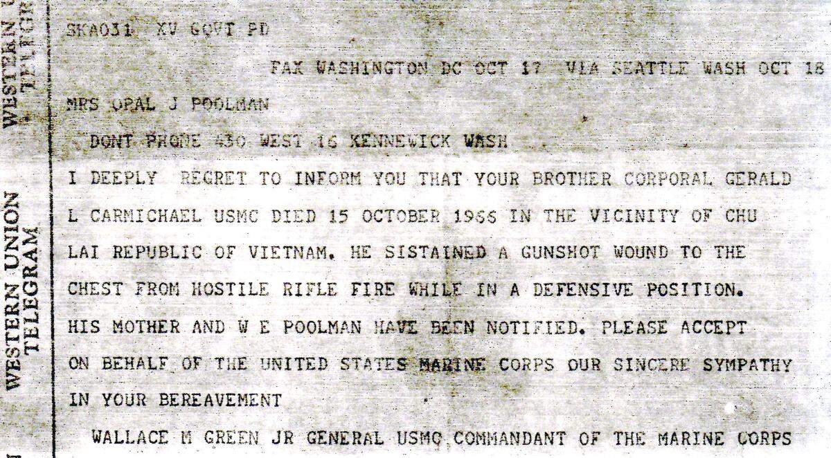 A telegram received by the Carmichael family informing them of the death of Gerald Carmichael during the Vietnam War.