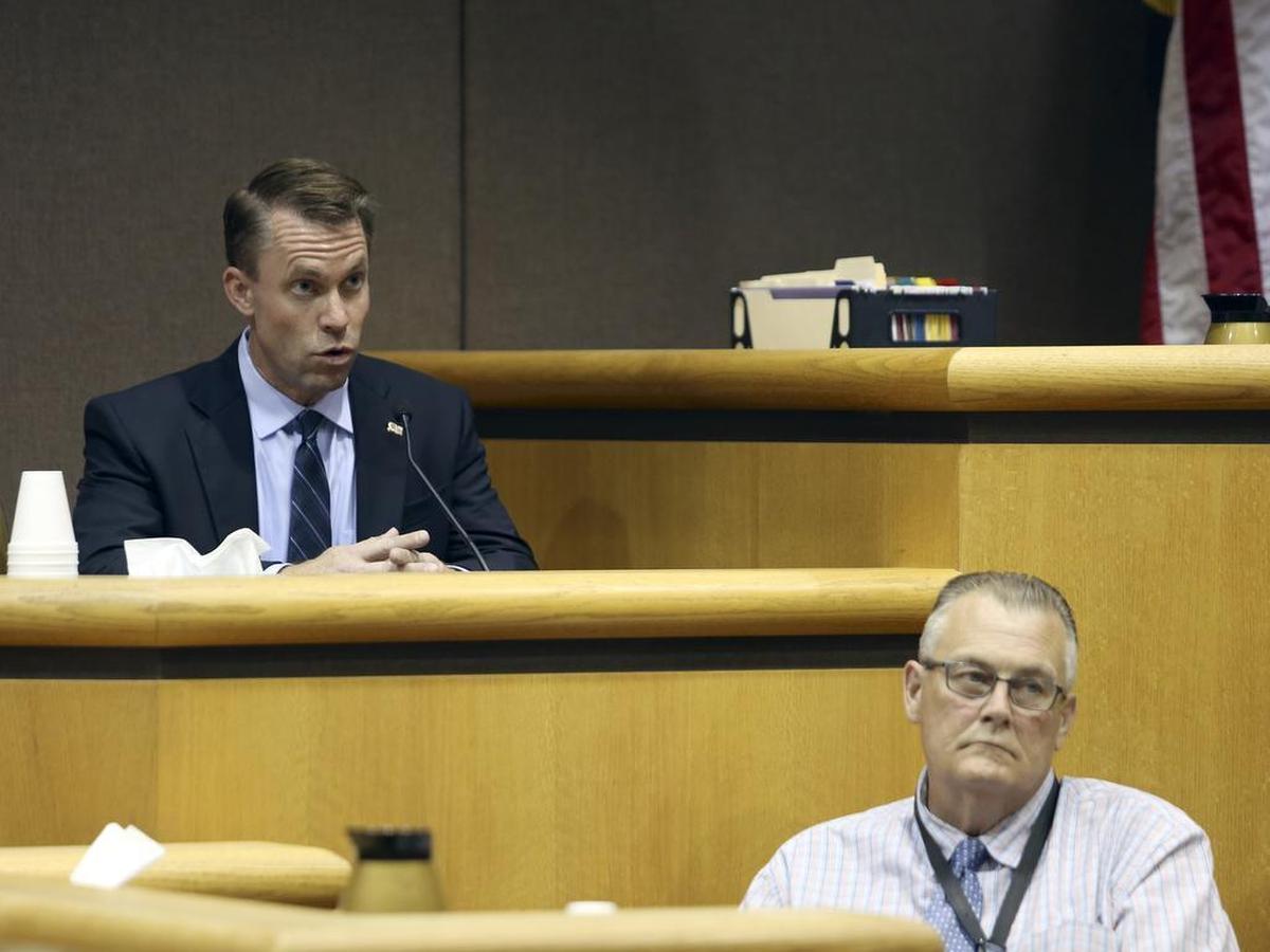 August 3, 2016 - Judge Alex Ekstrom, left, speaks from the witness stand in the trial of Brandon L. VanWinkle, on trial for intimidating a judge and felony harassment of a criminal justice participant.