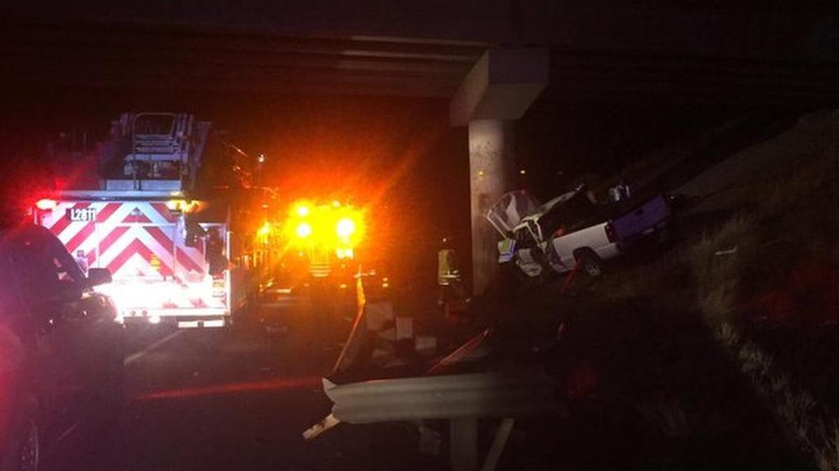 Firefighters and law enforcement responded late Tuesday night to a white truck that crashed into one of the pillars supporting the Sylvester Street bridge over Highway 395 in Pasco.