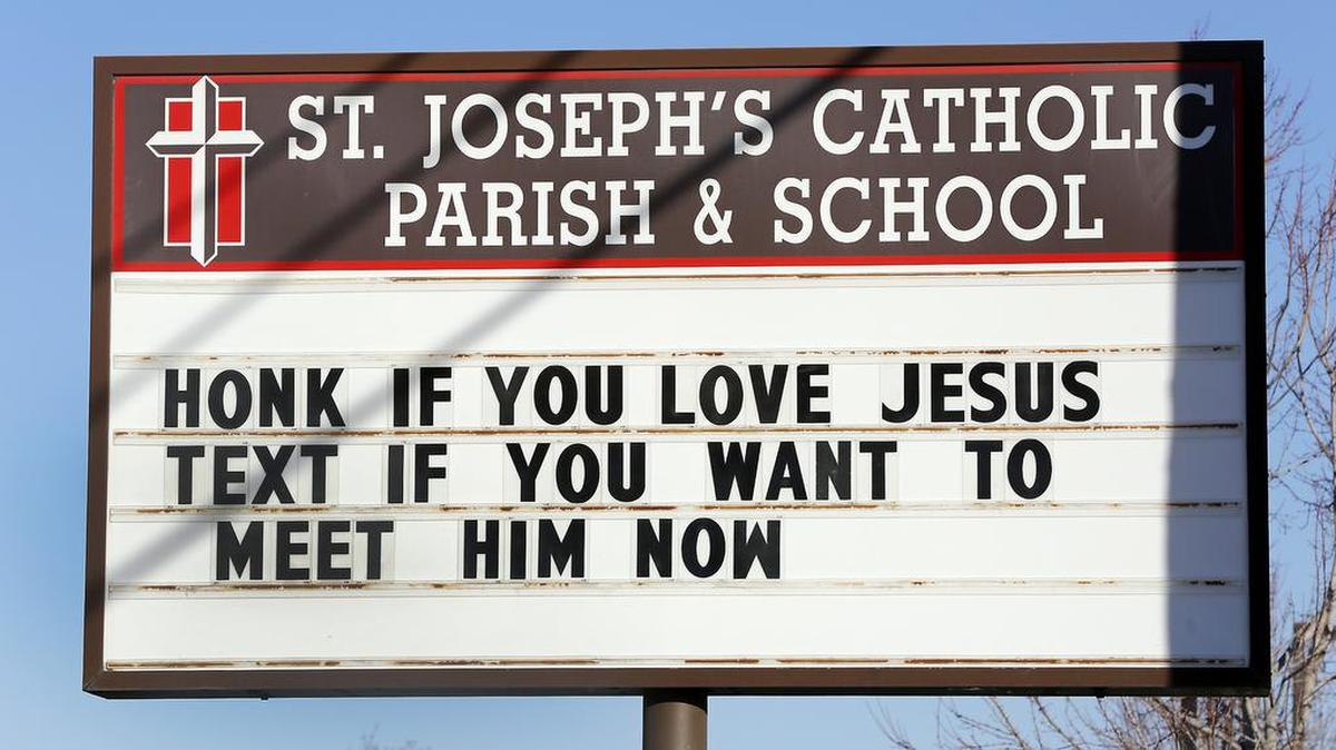 November 26, 2015 - A humorous sign at St. Joseph’s Catholic Church in Kennewick reminds passing motorists about the dangers of texting while driving.