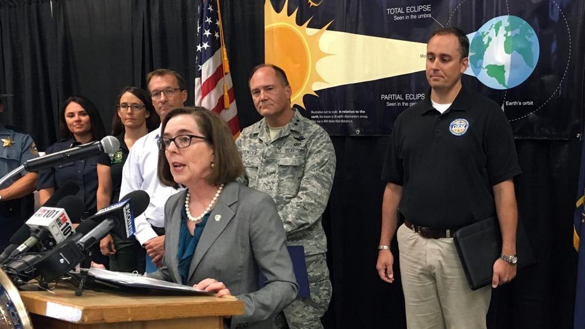Oregon Gov. Kate Brown speaks in Salem, Ore., on Tuesday about the coming eclipse that will cross Oregon on Aug. 21. Officials are bracing for as many as 1 million visitors to the state, which will be the first to experience the eclipse as it travels across America.