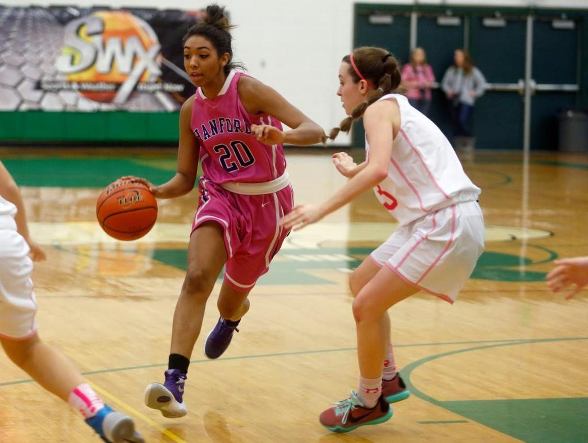 Taryn Webb, right, during a basketball game against Hanford High in 2016. Taryn, part of Richland High’s varsity girls basketball team, is helping raise money for screening mammograms for uninsured women in the community.
