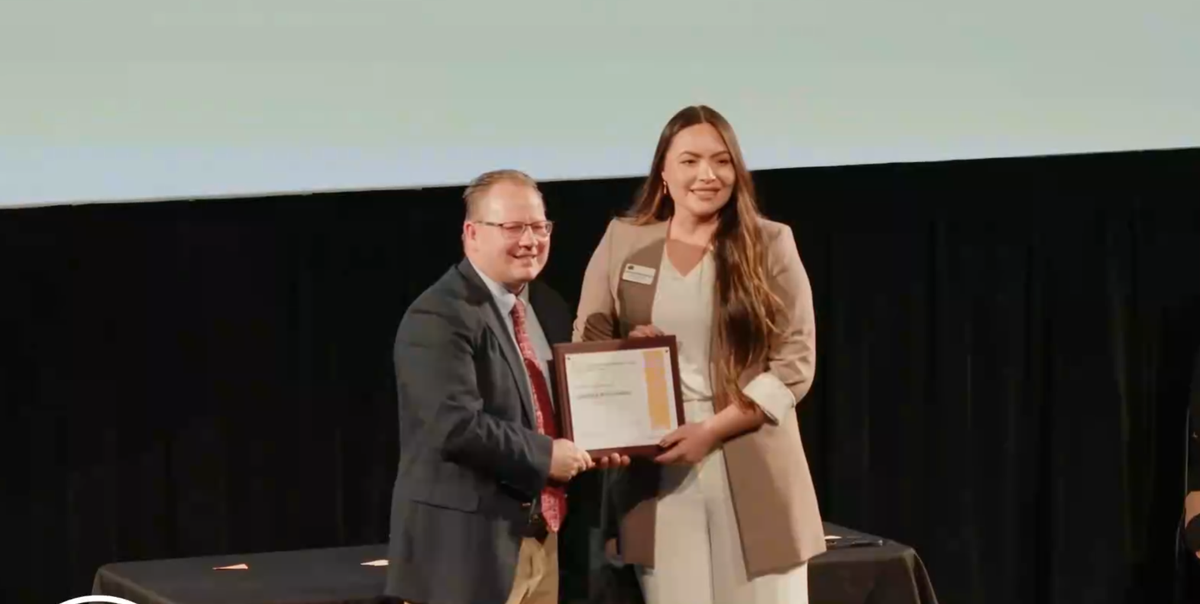 Pasco High School math teacher Gabriela Whitemarsh poses for a photo with Washington State Superintendent Chris Reykdal just seconds after being named the 2026 State Teacher of the Year.