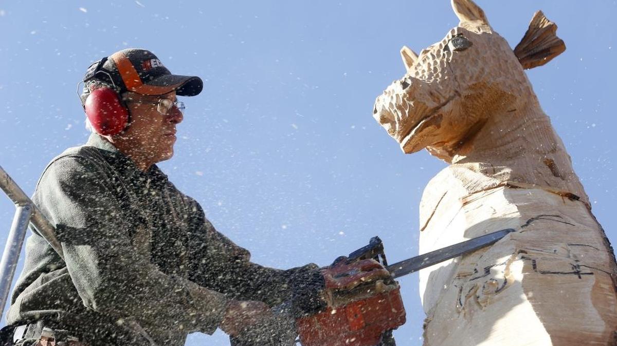 George Kenny of Allyn, Wash., carves a dragon into a tree stump at a home on Kennewick Avenue. Kenny, who is a master carver and instructor at Bear in a Box chain saw carving, was commissioned by the owners of the historic house to carve a dragon and castle into a tree after it was cut down earlier this year.