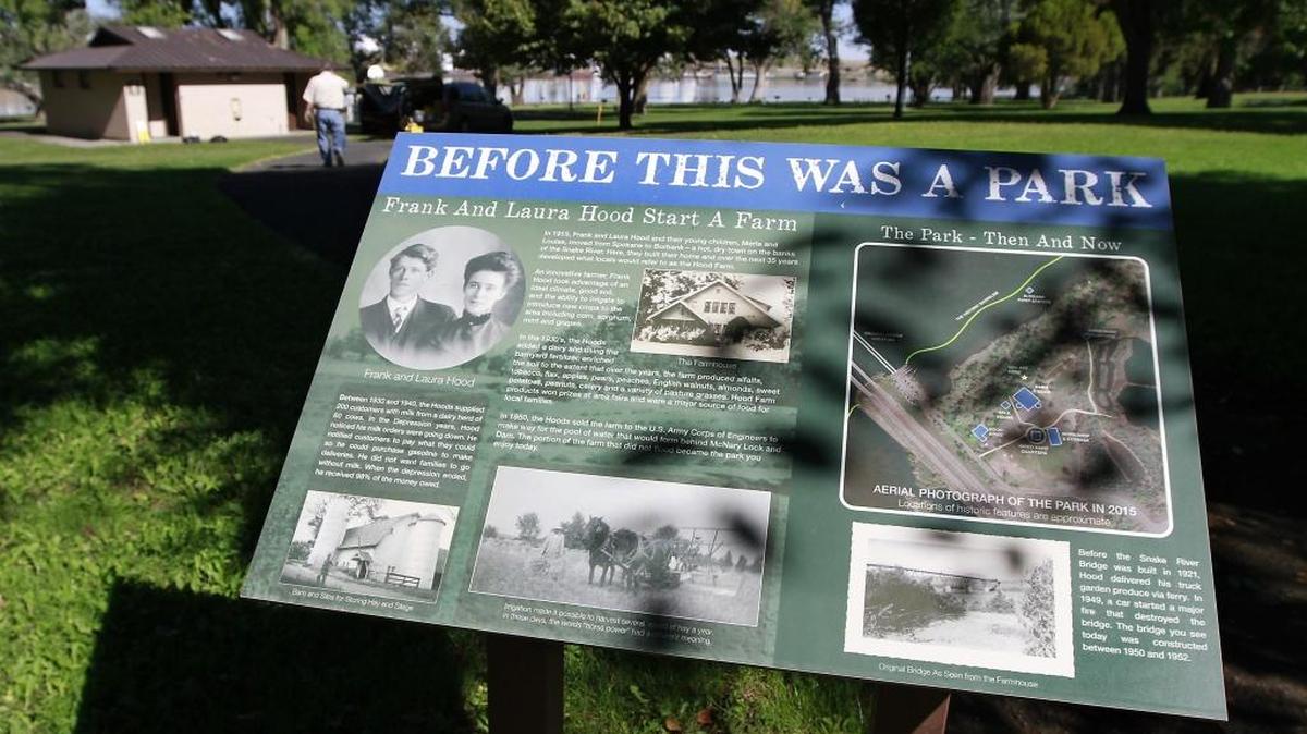 A new interpretive sign explaining the history behind Hood Park was recently unveiled. The heirs of Frank and Laura Hood, owners from 1915-50 of the land where Hood Park now stands on the Snake River in Walla Walla county, donated the sign to the park.