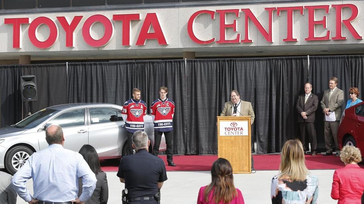 
John Manterola with Toyota of Tri-Cities formally announced Thursday the $1.125 million, five-year extension of Toyota's naming sponsorship of the Toyota Center and Toyota Arena in Kennewick. The local business and three other regional car dealerships are part of the partnership with the city of Kennewick. The money helps with facility upgrades. Tri-City Americans players Taylor Vickerman, left, and Beau McCue were at the event, along with Kennewick Mayor Pro-Tem Don Britain, Corey Pearson of the Toyota Center and Barbara Johnson with the Kennewick Public Facilities Board, at right. Watch a video at: www.tricityherald/video.
