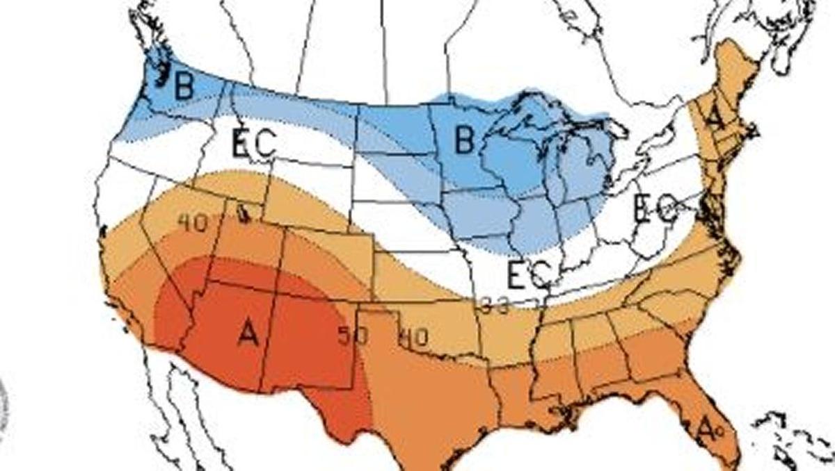 The blue band covers areas that may be colder than usual December through February in the United States, with the gold and orange colors covering areas where temperatures could be warmer than normal.