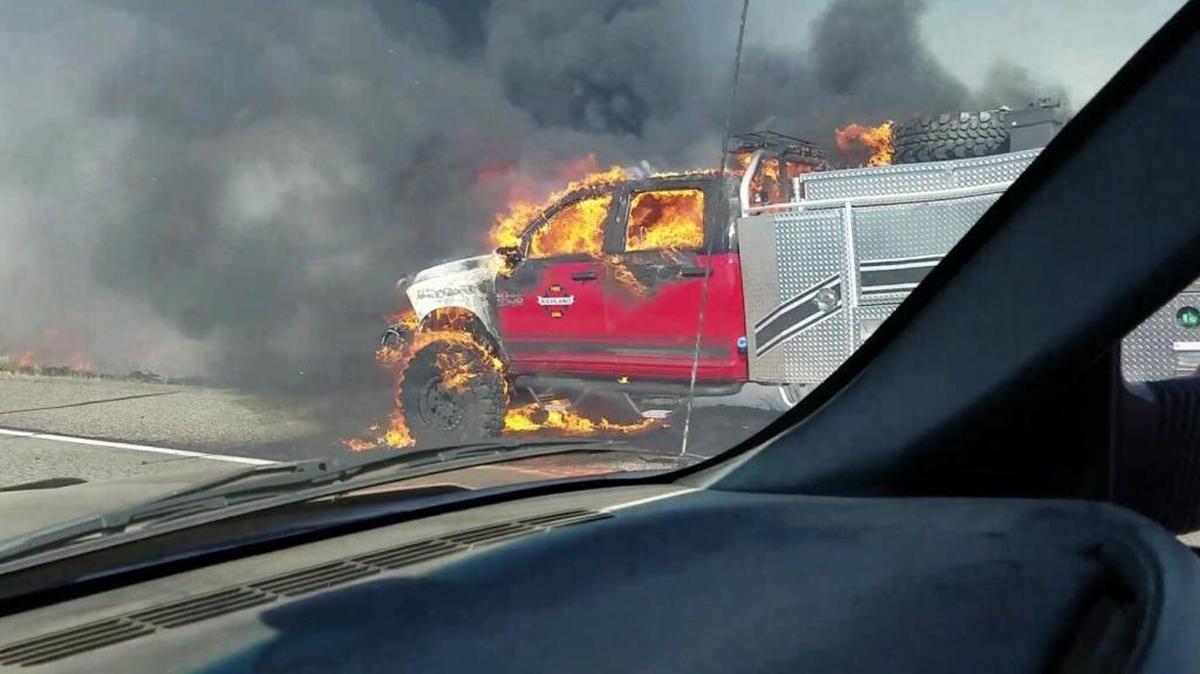 A passing driver caught this image of the burning Richland fire truck Monday afternoon