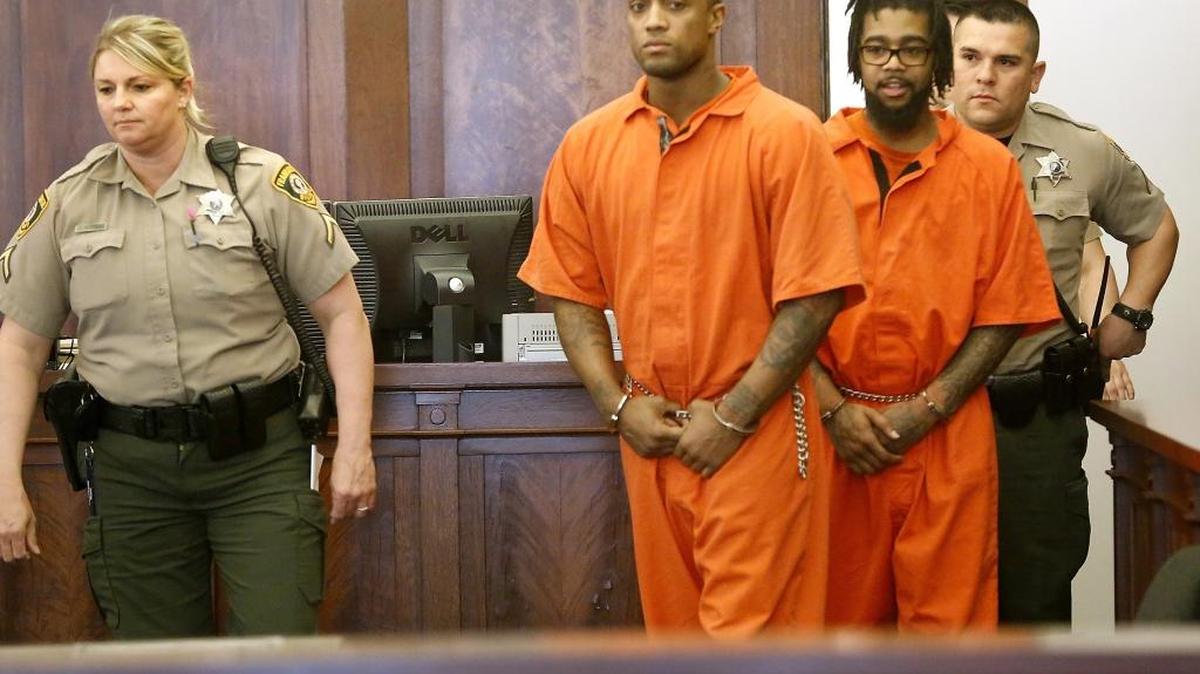 Murder suspects Simeon Howard, left, and Nathaniel Thompson are escorted into a Franklin County Superior courtroom together Tuesday afternoon.