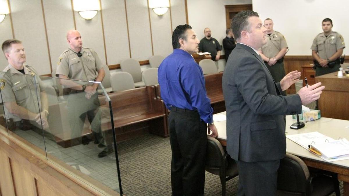 
Richard Aguirre, left, stands with his attorney, Scott Johnson, during a hearing in Franklin County Superior Court for his Pasco rape and assault case.
