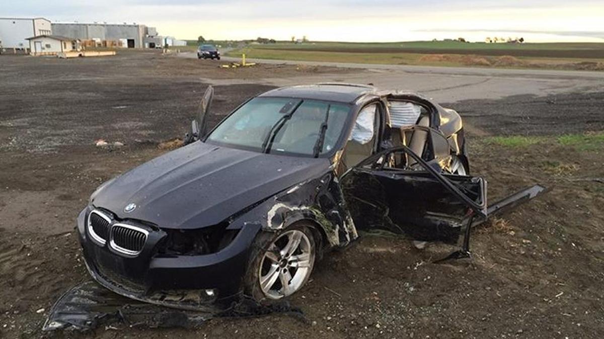 Pasco police are looking for the driver who lost control of this BMW, took out a fire hydrant on Capitol Avenue, north of Kartchner Street, and then fled Wednesday morning.
