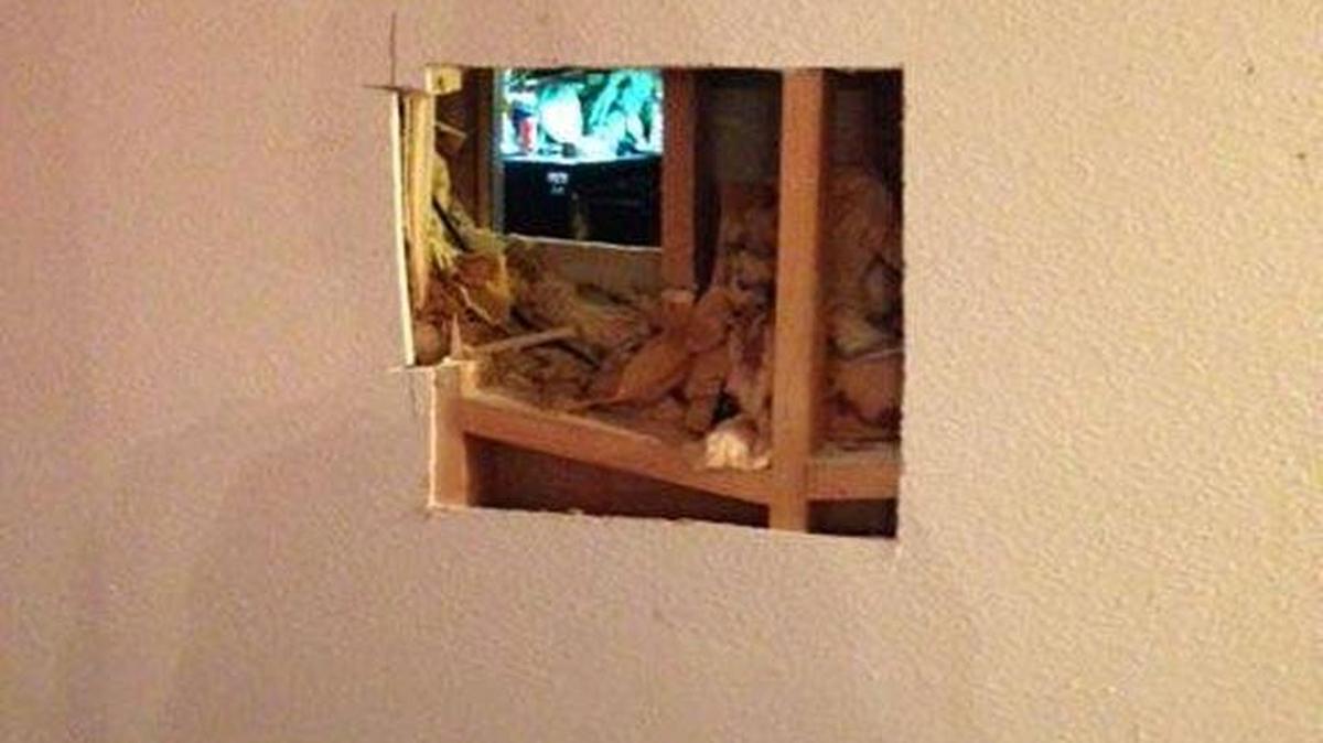 The hole in the wall allegedly cut by Rosie Abate to gain access to her neighbor’s apartment